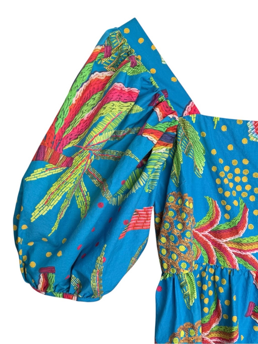 Farm Rio Tropics Tiered Midi Dress Size XS Blue Banana Print Puff Sleeve Cotton - Picture 9 of 15